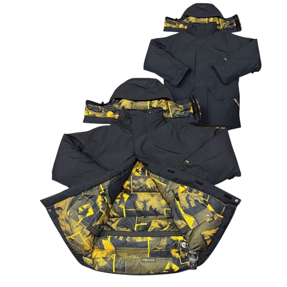 Marmot Mammoth Parka Gore-Tex Down Jacket Black Yellow Graphic Lining Mens XXL